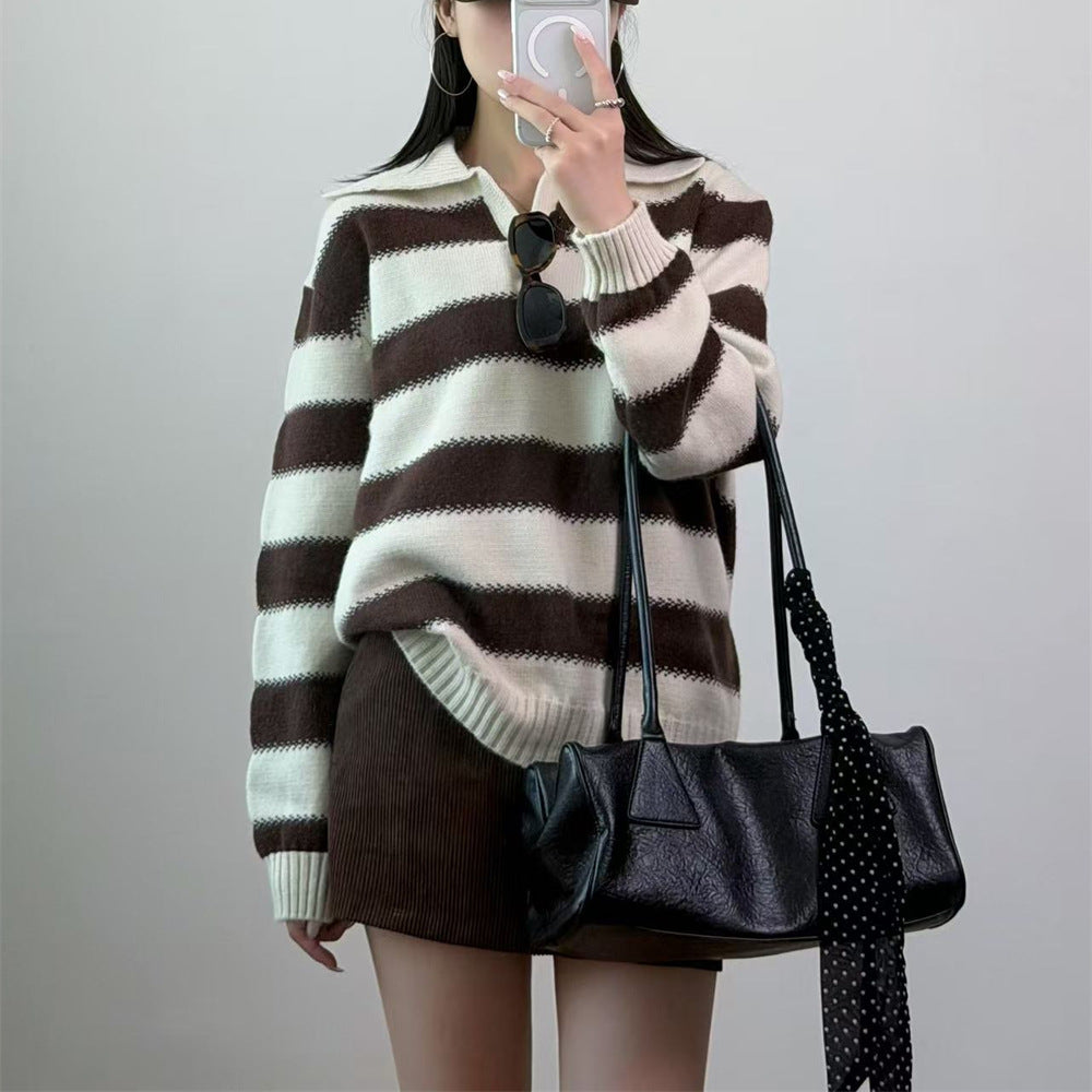 Loose collar contrasting striped pullover sweater for women