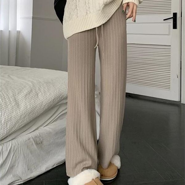 Women's Casual Ribbed Knit Pants, Loose Straight Leg Trousers with Elastic Waist
