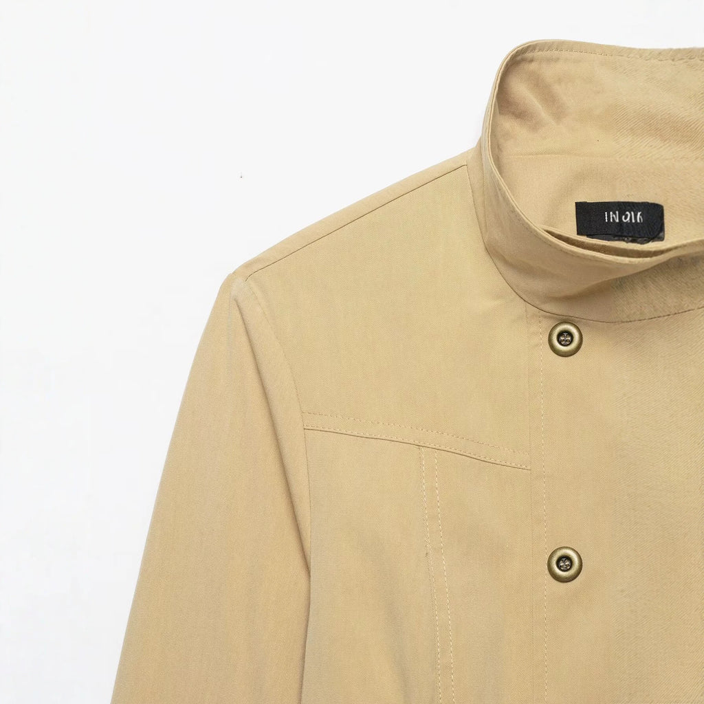 Versatile casual simple double breasted stand up collar pocket jacket for women