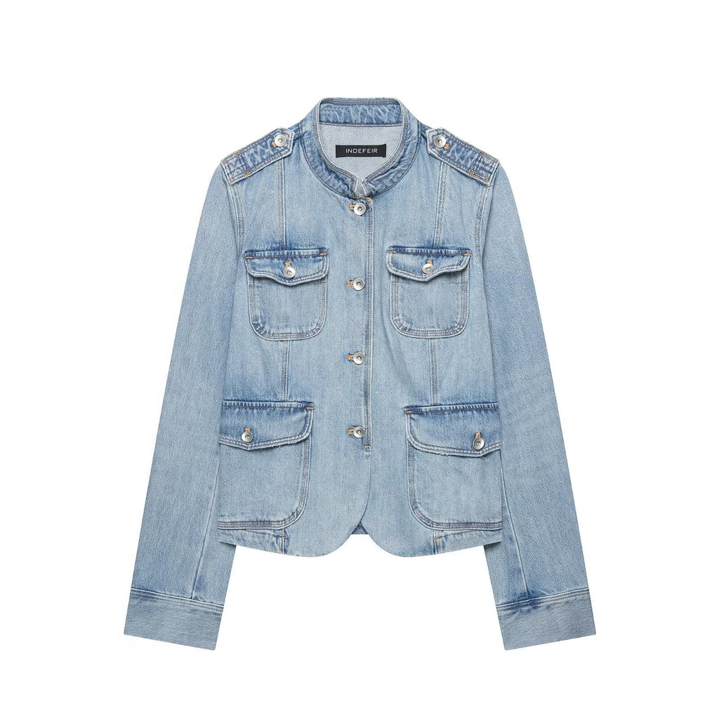 Casual minimalist pocket embellished denim jacket