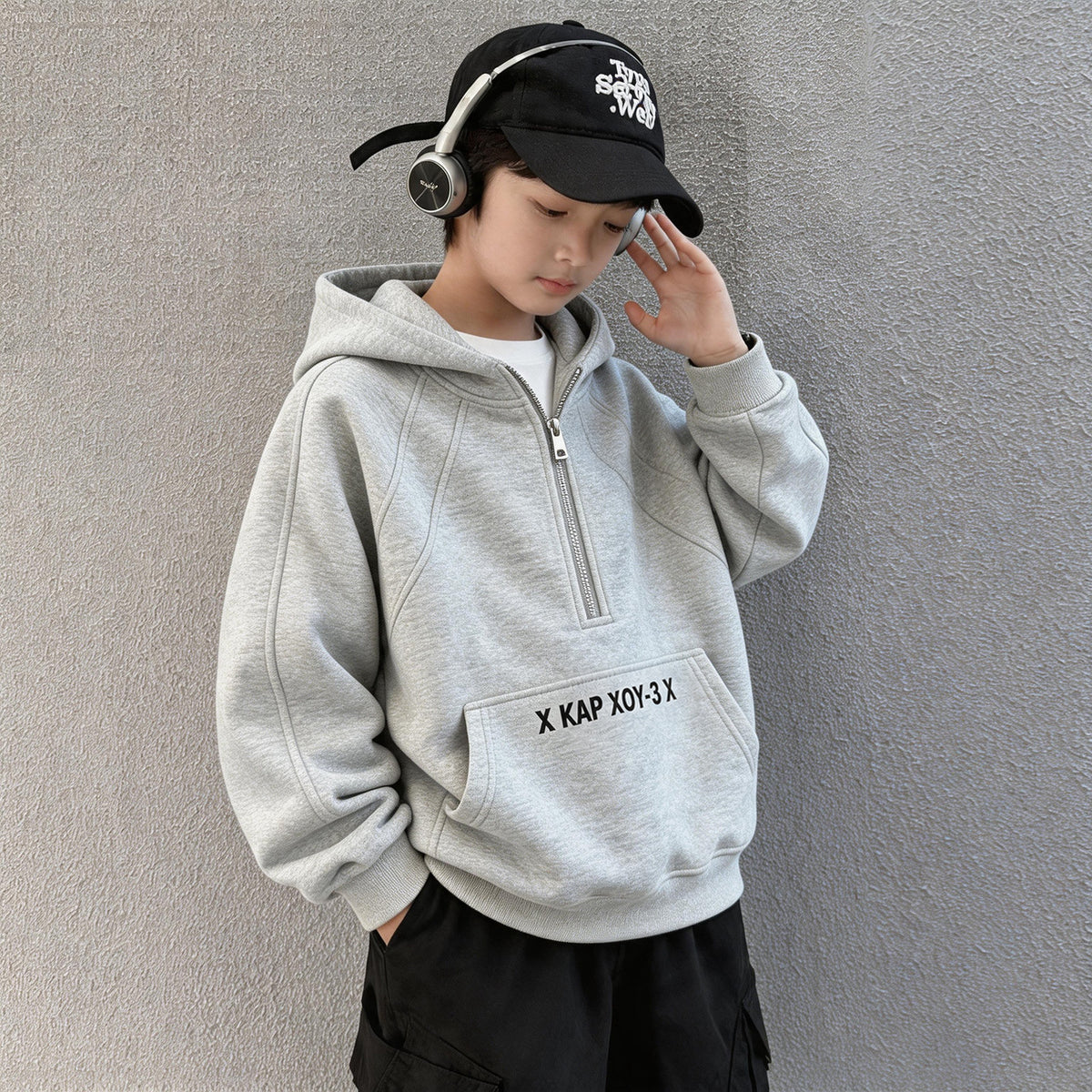 Boys Stylish Zip-Up Hooded Sweatshirt Loose Fit Autumn Winter Top