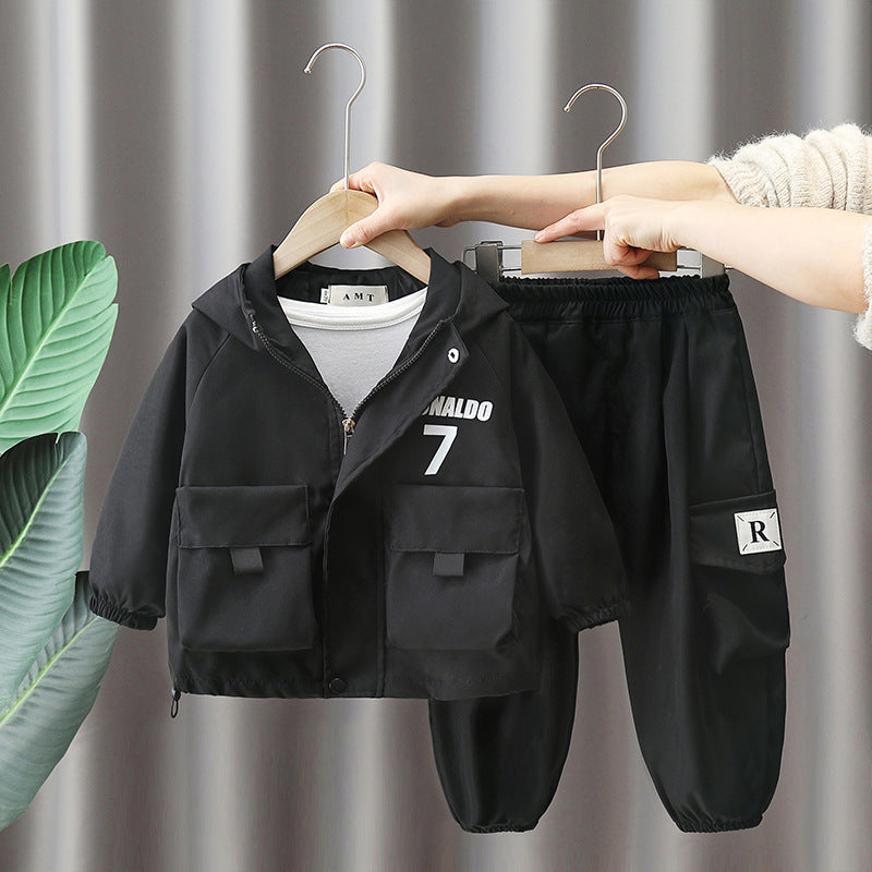 Stylish Boys Autumn Spring Hooded Jacket Two-Piece Set