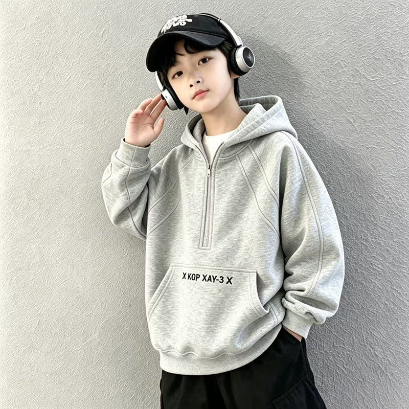 Boys Stylish Zip-Up Hooded Sweatshirt Loose Fit Autumn Winter Top