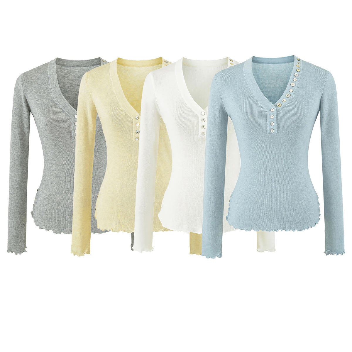 Minimalist Button Detail Ruffle Trim Long Sleeve V-Neck Slim Fit Knit Top