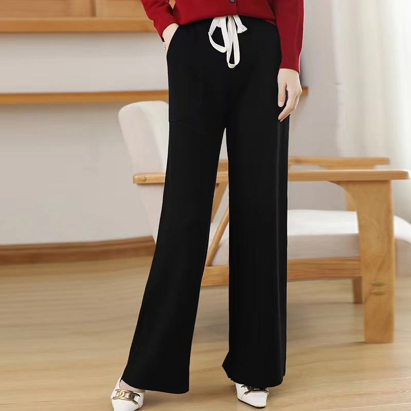 Women's Knitted Elastic Waist Casual Wide Leg Straight Pants