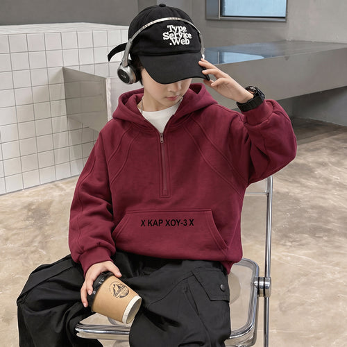 Boys Stylish Zip-Up Hooded Sweatshirt Loose Fit Autumn Winter Top