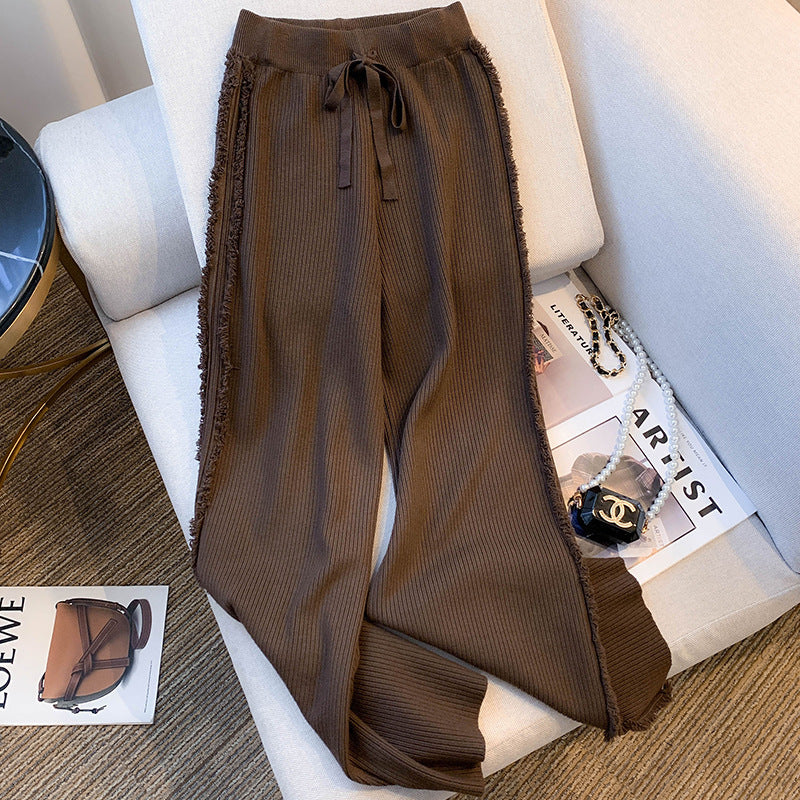 Wide Leg Pants High Waist Elastic Tassel Floor-Length Trousers