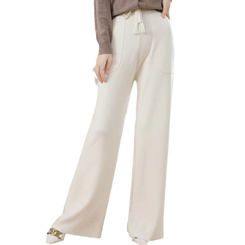 Women's Knitted Elastic Waist Casual Wide Leg Straight Pants