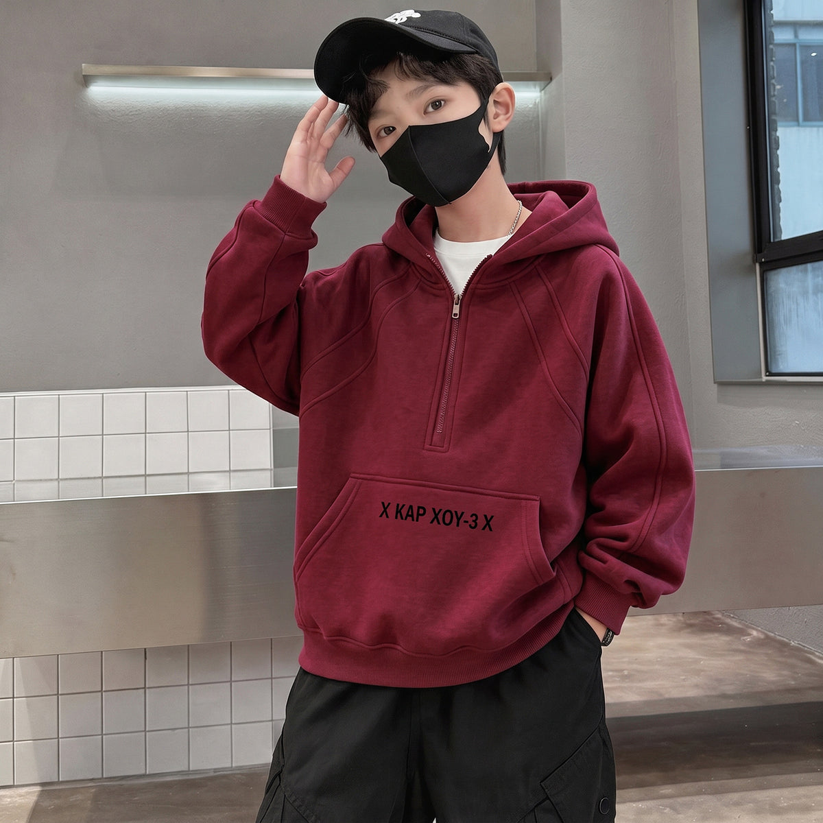 Boys Stylish Zip-Up Hooded Sweatshirt Loose Fit Autumn Winter Top