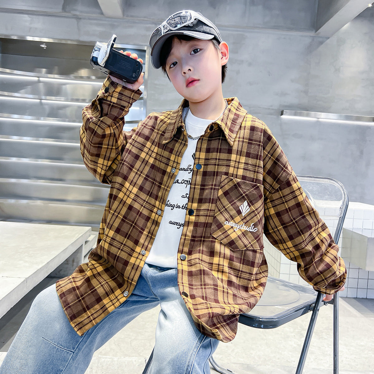 Plaid Long Sleeve Turn-down Collar Boys' Shirt Jacket