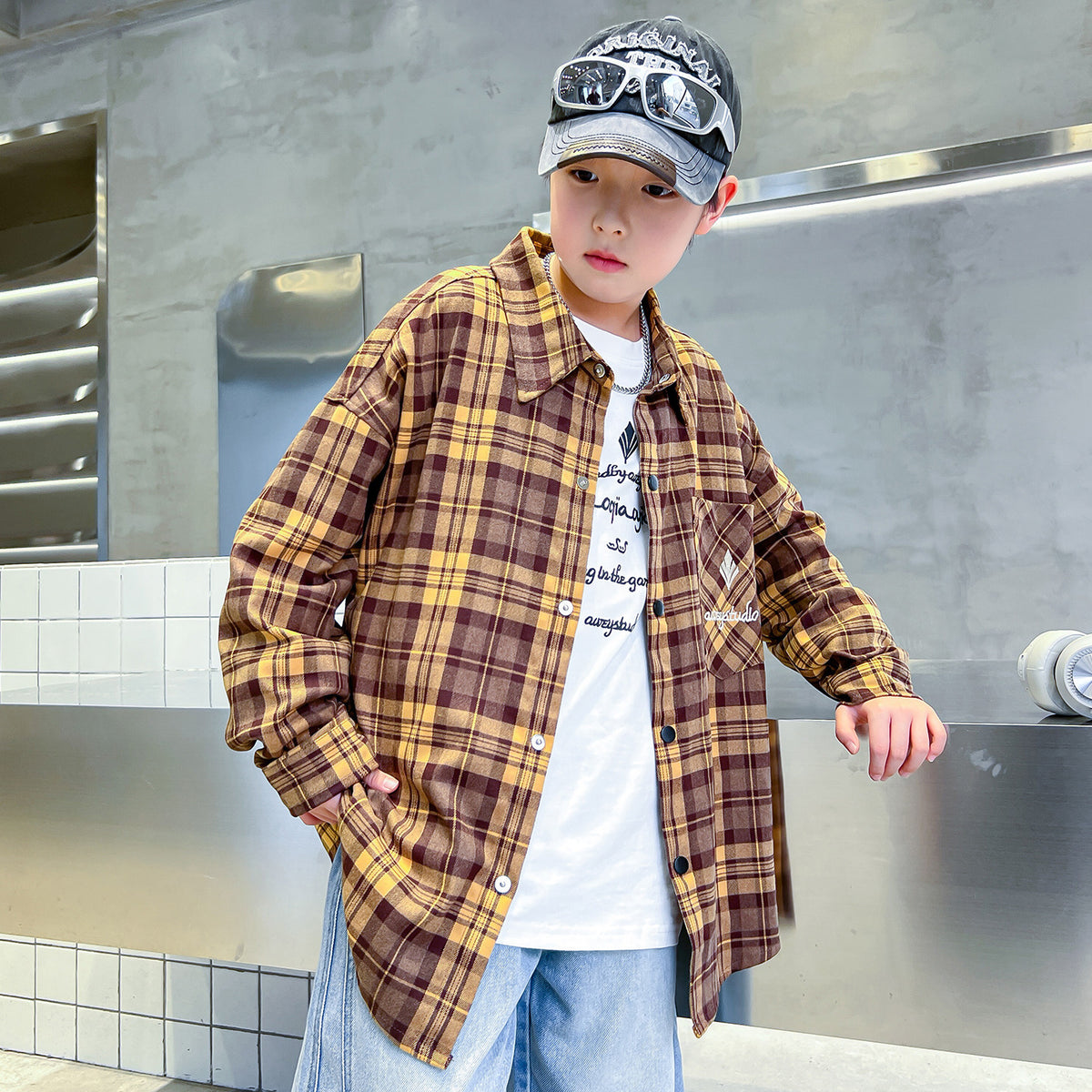 Plaid Long Sleeve Turn-down Collar Boys' Shirt Jacket