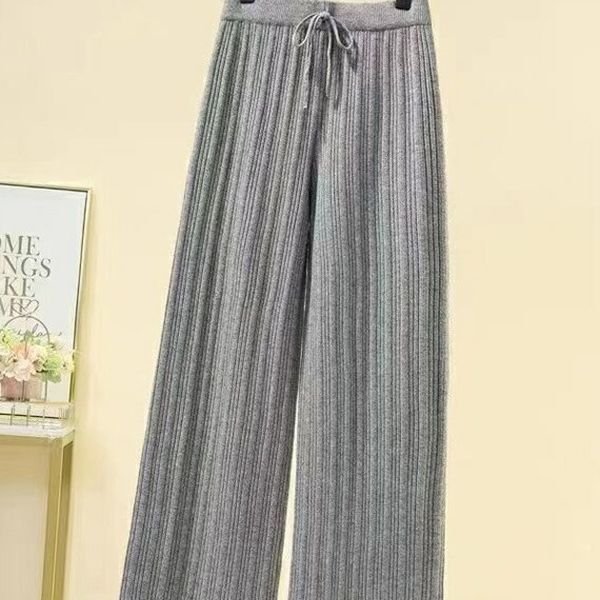 Women's Casual Ribbed Knit Pants, Loose Straight Leg Trousers with Elastic Waist