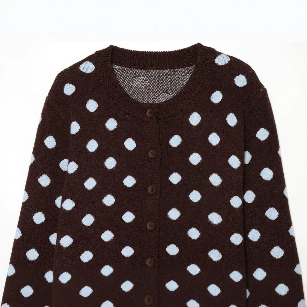 Button up round neck polka dot knit sweater jacket for women