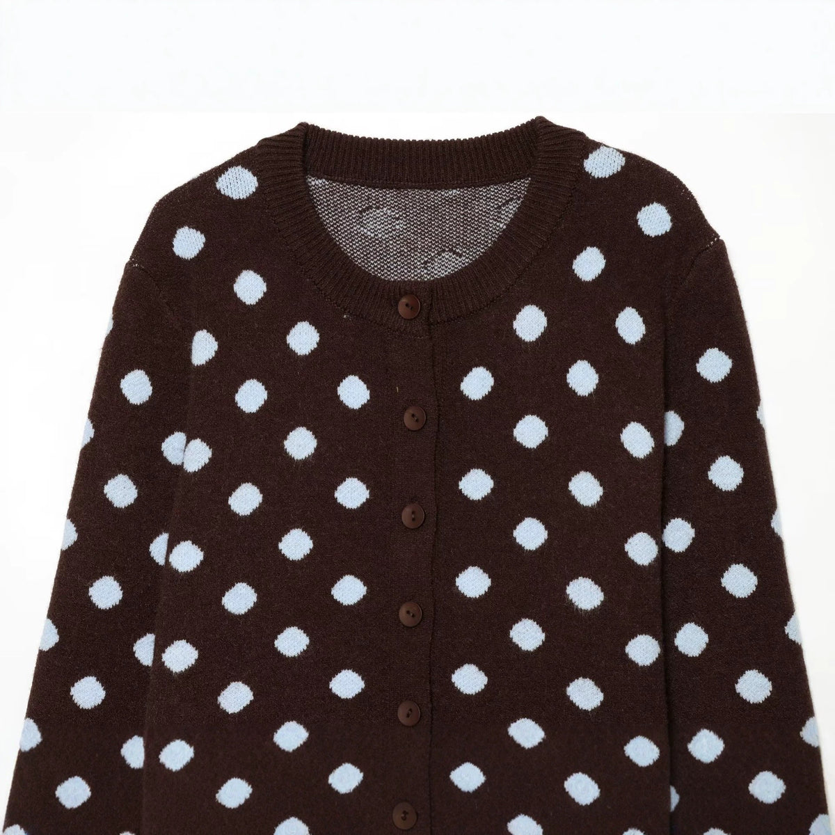 Button up round neck polka dot knit sweater jacket for women
