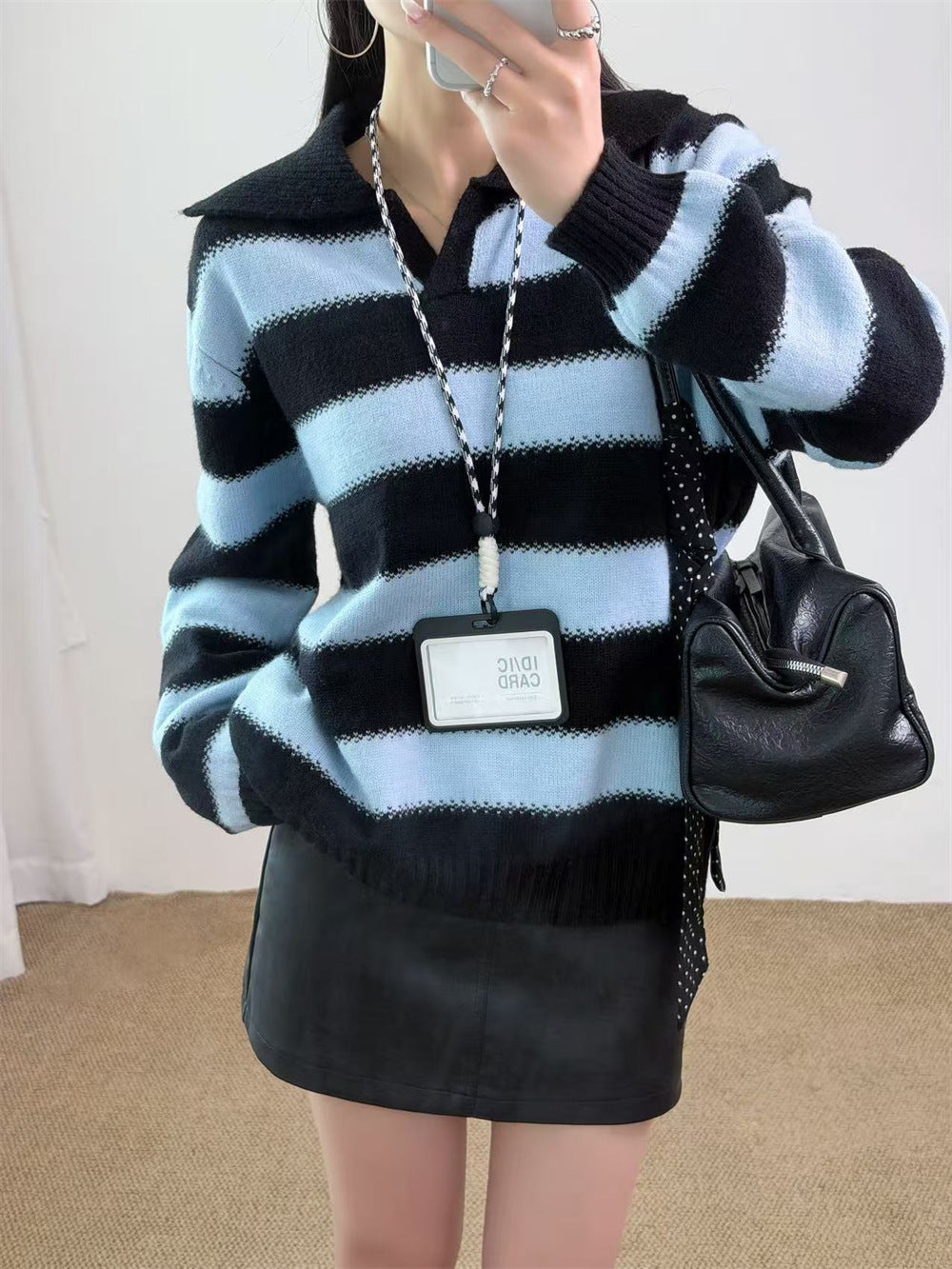 Loose collar contrasting striped pullover sweater for women