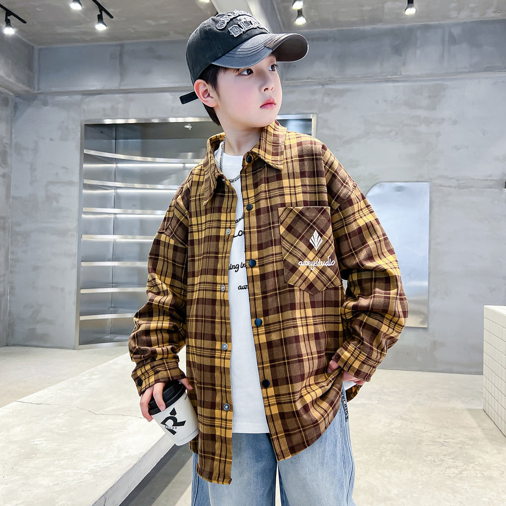 Plaid Long Sleeve Turn-down Collar Boys' Shirt Jacket