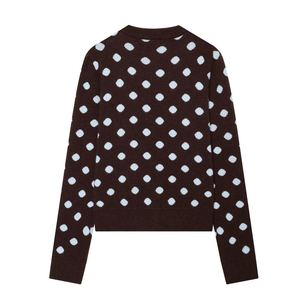 Button up round neck polka dot knit sweater jacket for women