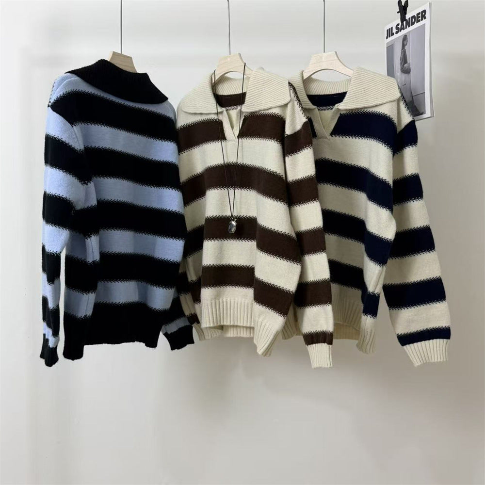 Loose collar contrasting striped pullover sweater for women