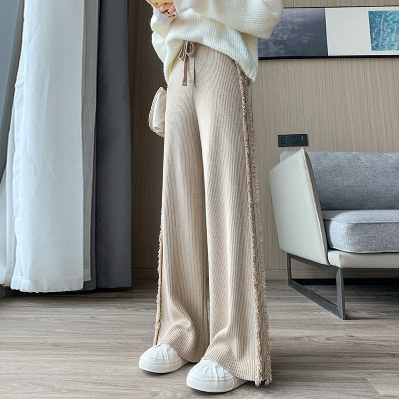 Wide Leg Pants High Waist Elastic Tassel Floor-Length Trousers