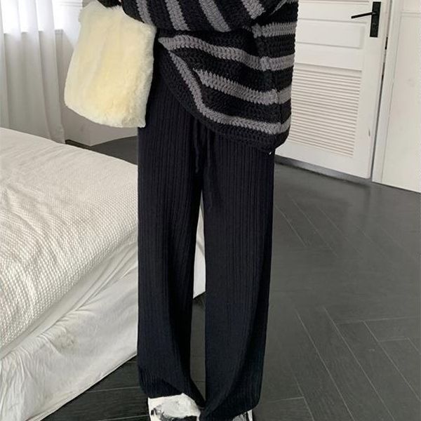 Women's Casual Ribbed Knit Pants, Loose Straight Leg Trousers with Elastic Waist