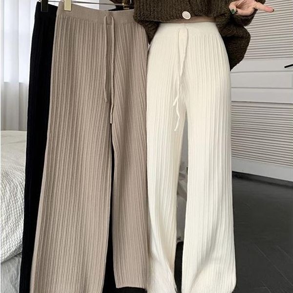 Women's Casual Ribbed Knit Pants, Loose Straight Leg Trousers with Elastic Waist