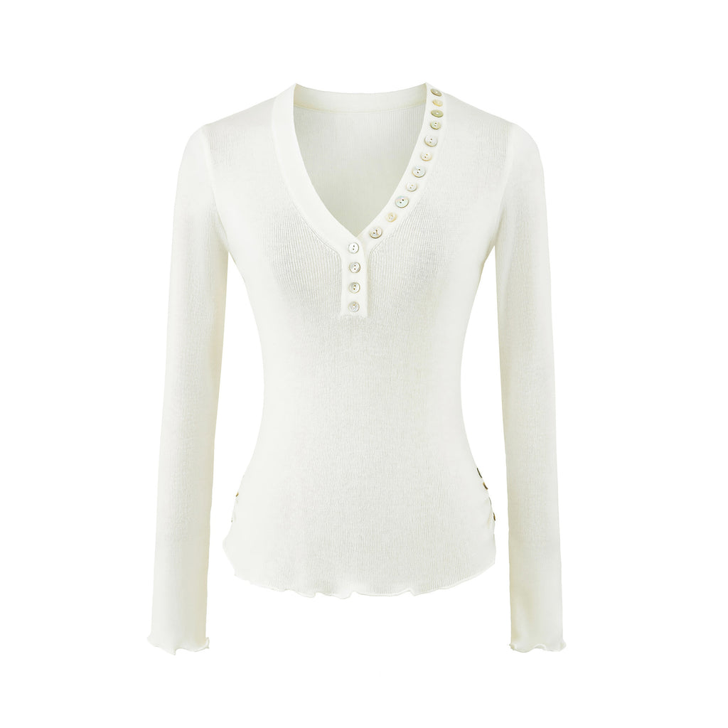 Minimalist Button Detail Ruffle Trim Long Sleeve V-Neck Slim Fit Knit Top