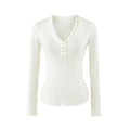 Minimalist Button Detail Ruffle Trim Long Sleeve V-Neck Slim Fit Knit Top