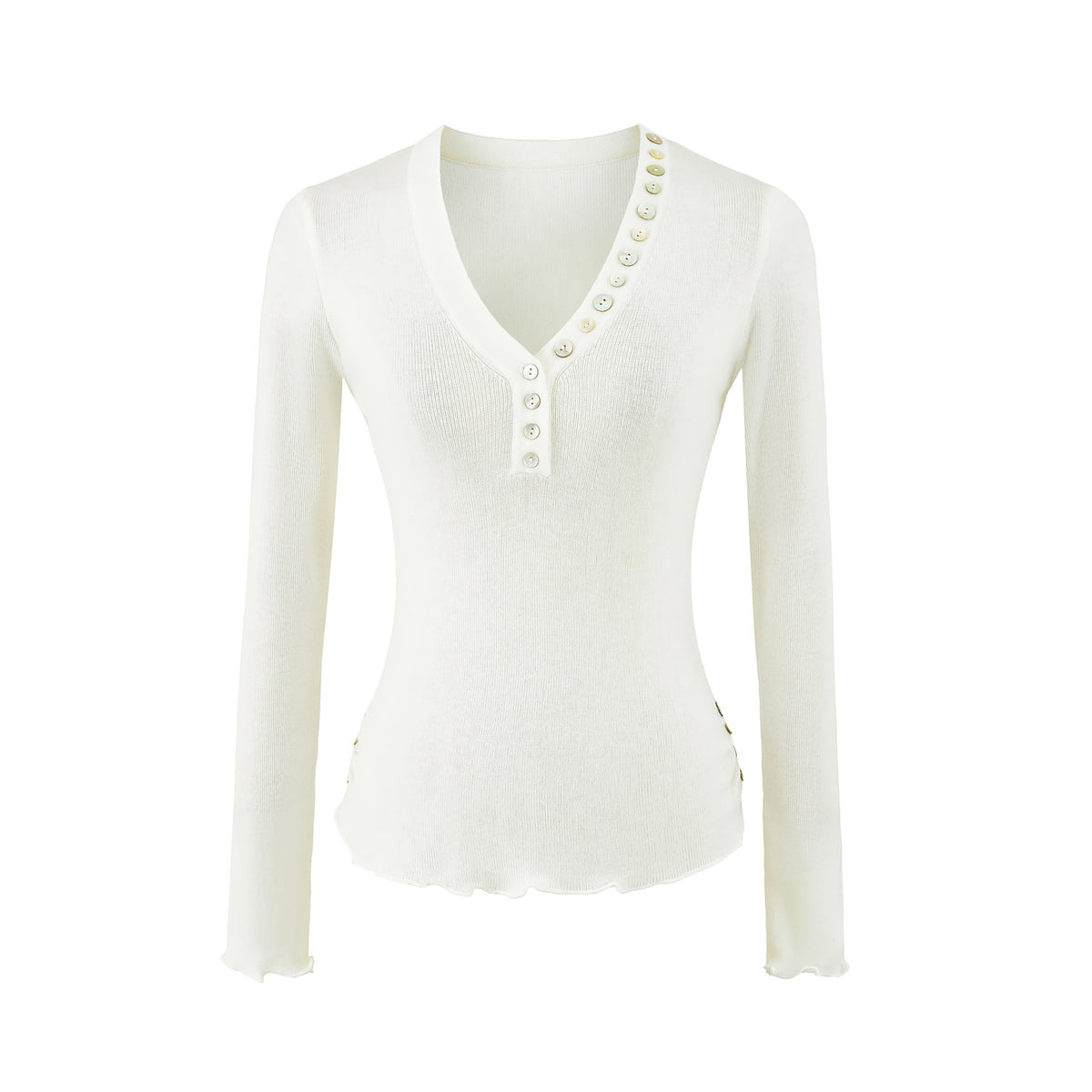 Minimalist Button Detail Ruffle Trim Long Sleeve V-Neck Slim Fit Knit Top