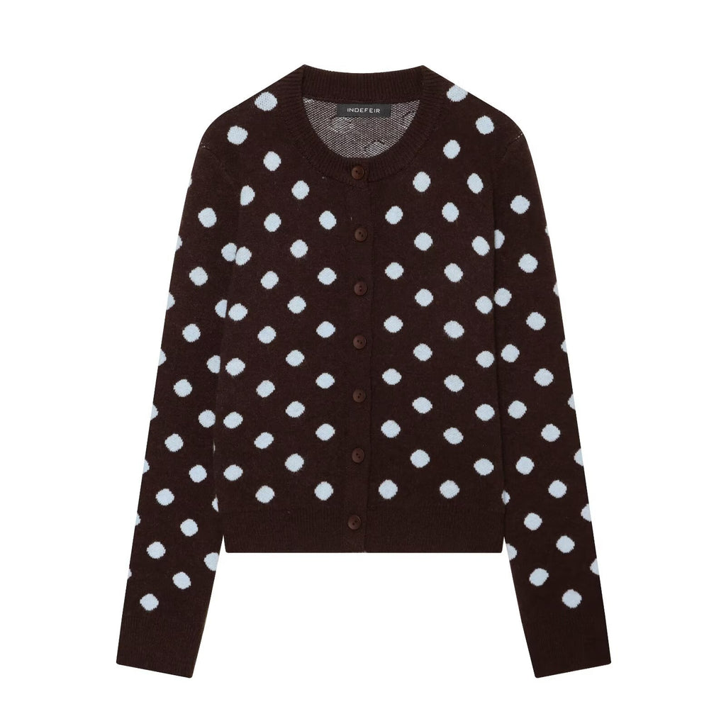 Button up round neck polka dot knit sweater jacket for women