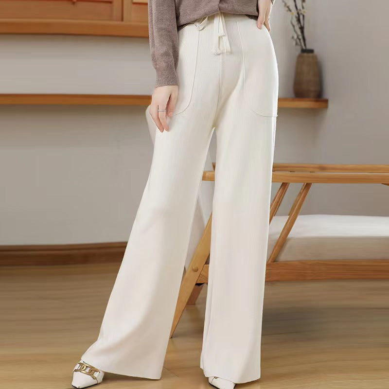Women's Knitted Elastic Waist Casual Wide Leg Straight Pants