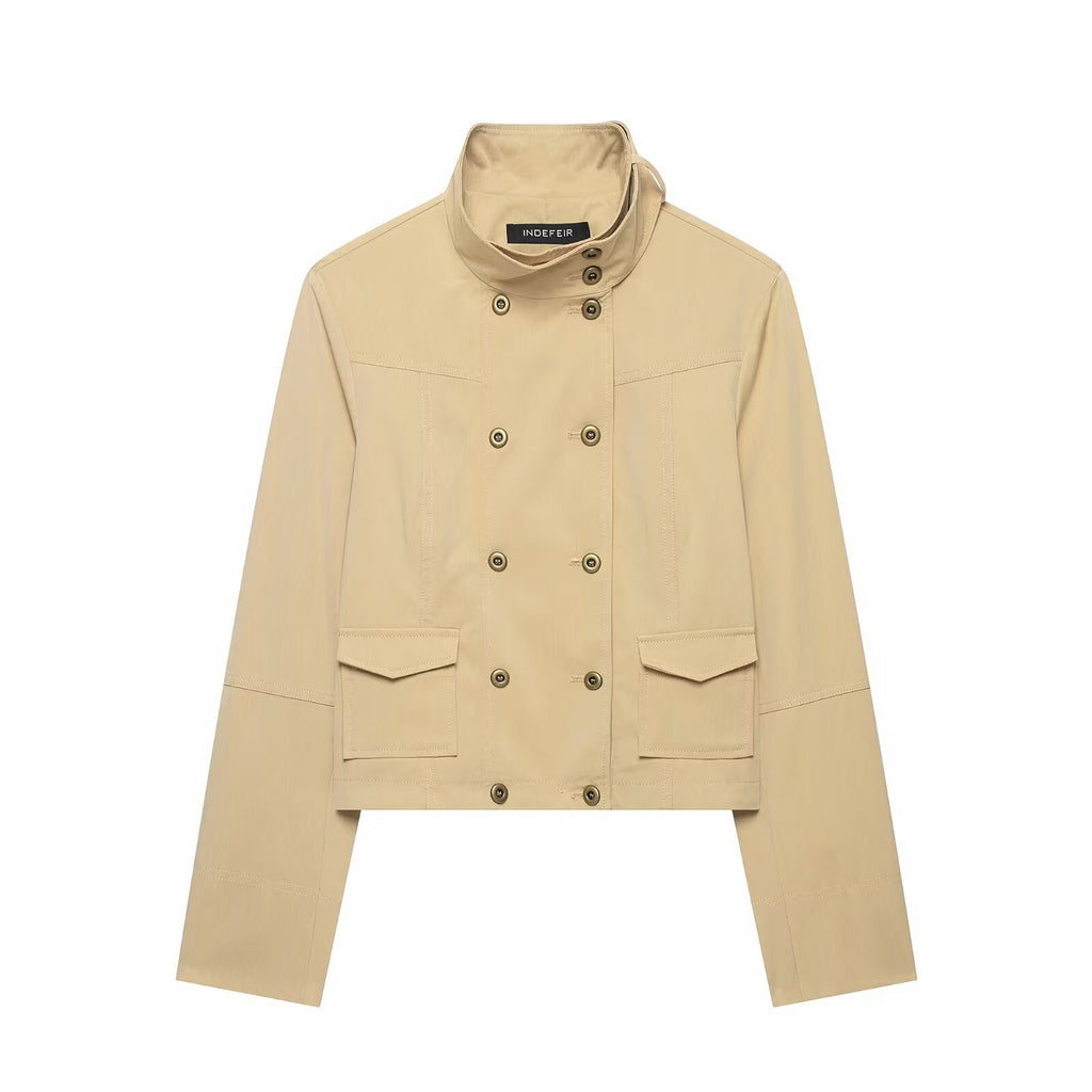 Versatile casual simple double breasted stand up collar pocket jacket for women