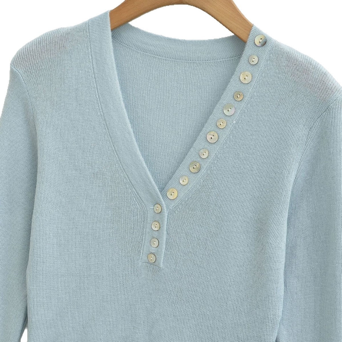 Minimalist Button Detail Ruffle Trim Long Sleeve V-Neck Slim Fit Knit Top