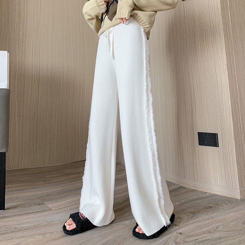 Wide Leg Pants High Waist Elastic Tassel Floor-Length Trousers