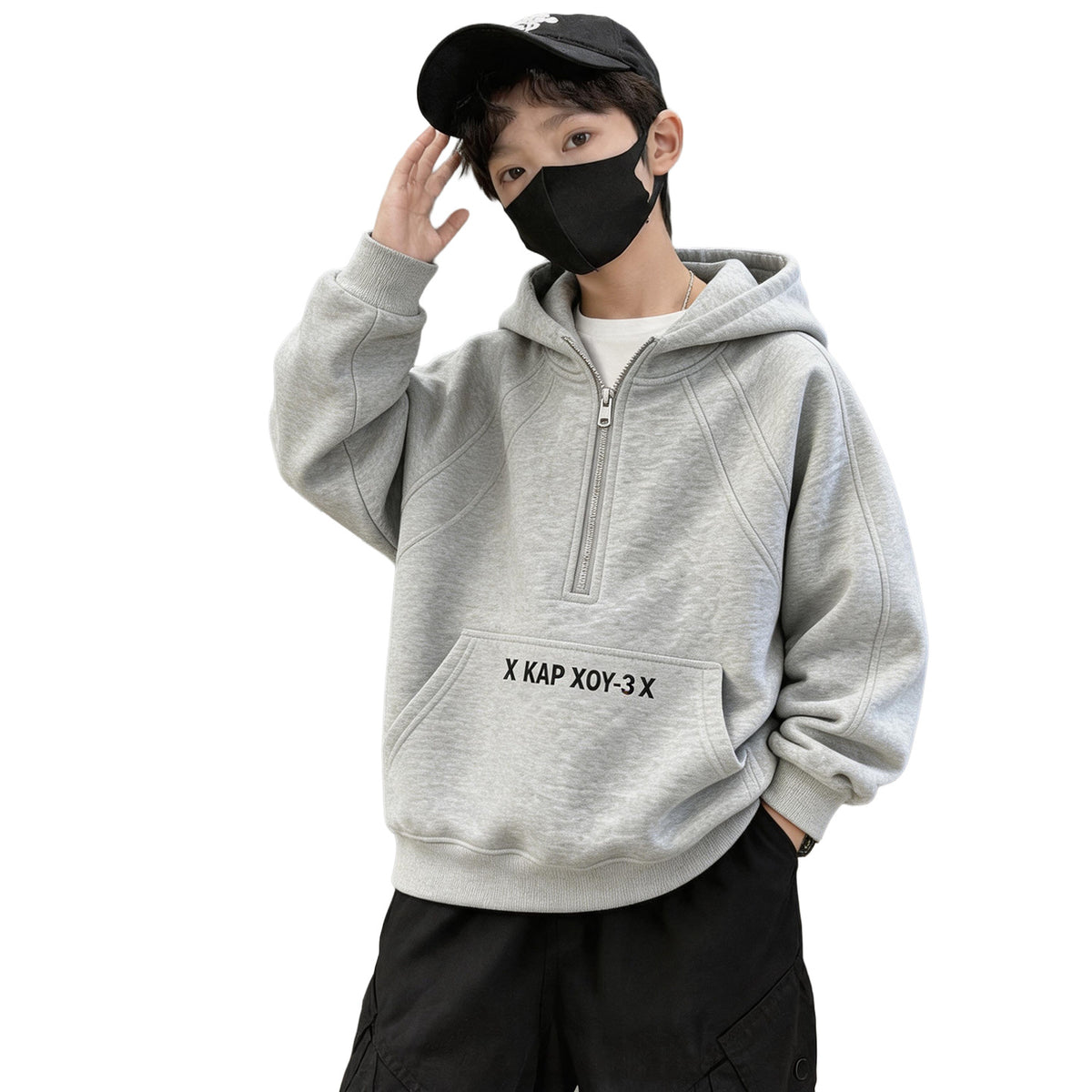 Boys Stylish Zip-Up Hooded Sweatshirt Loose Fit Autumn Winter Top