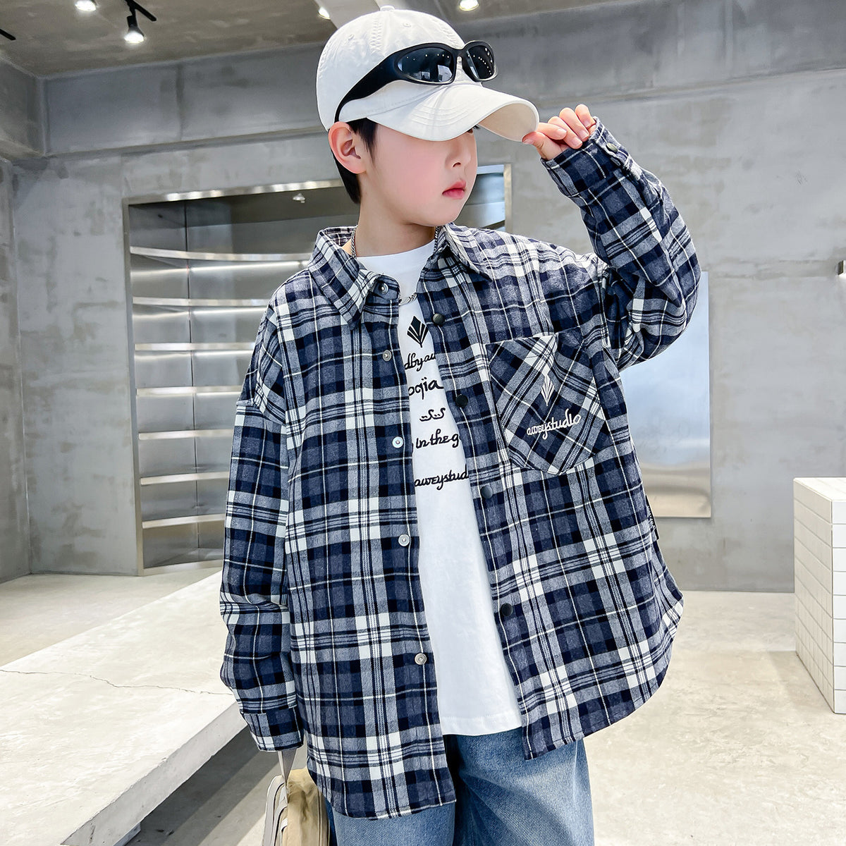 Plaid Long Sleeve Turn-down Collar Boys' Shirt Jacket