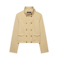 Versatile casual simple double breasted stand up collar pocket jacket for women