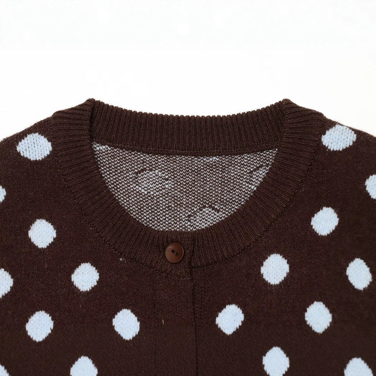 Button up round neck polka dot knit sweater jacket for women