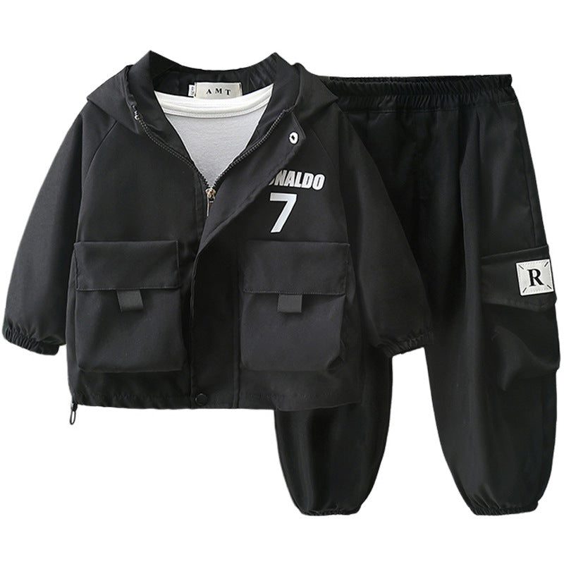 Stylish Boys Autumn Spring Hooded Jacket Two-Piece Set