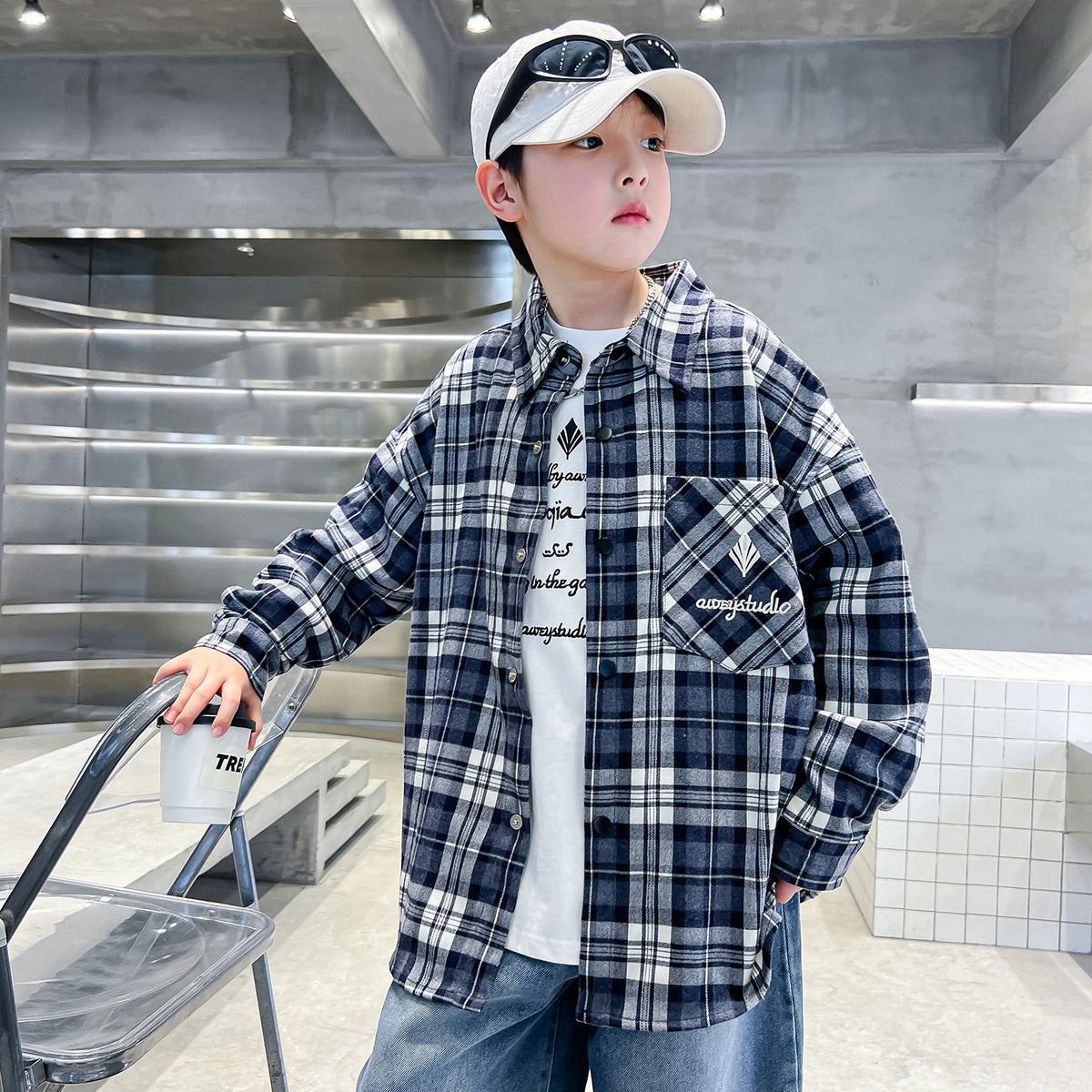 Plaid Long Sleeve Turn-down Collar Boys' Shirt Jacket