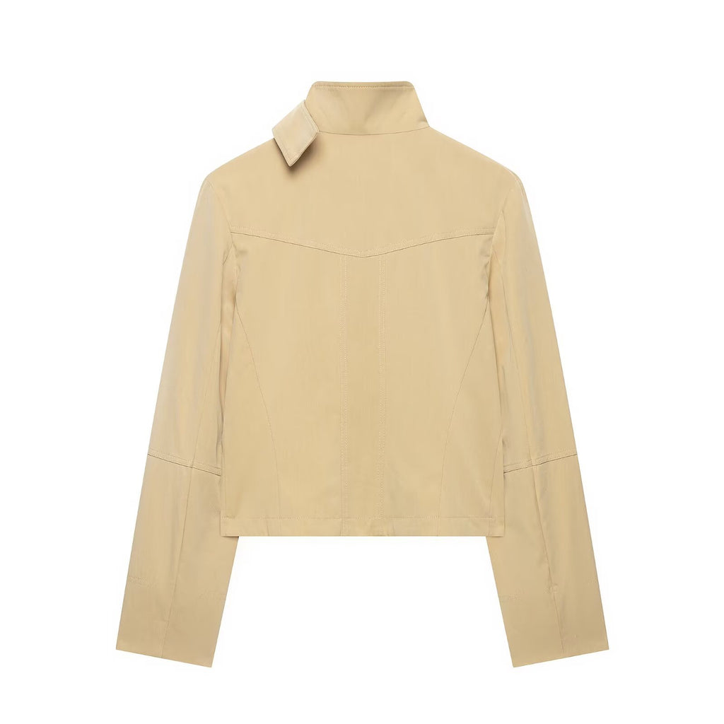 Versatile casual simple double breasted stand up collar pocket jacket for women
