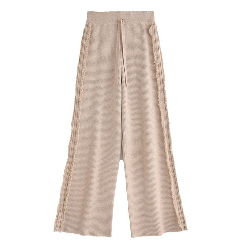 Wide Leg Pants High Waist Elastic Tassel Floor-Length Trousers