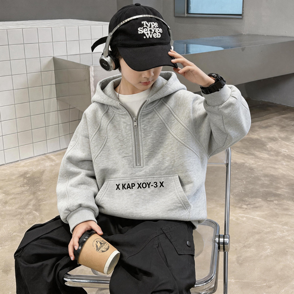 Boys Stylish Zip-Up Hooded Sweatshirt Loose Fit Autumn Winter Top