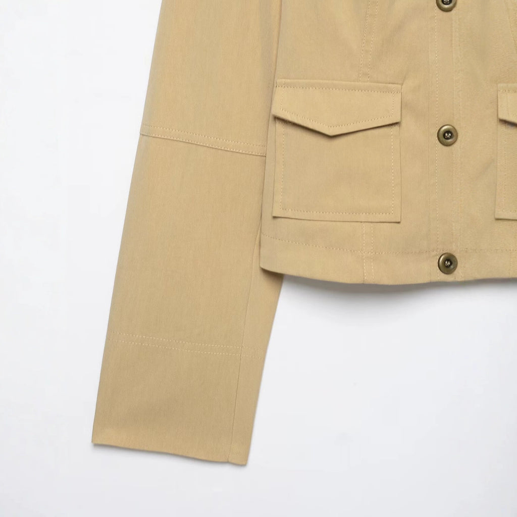 Versatile casual simple double breasted stand up collar pocket jacket for women