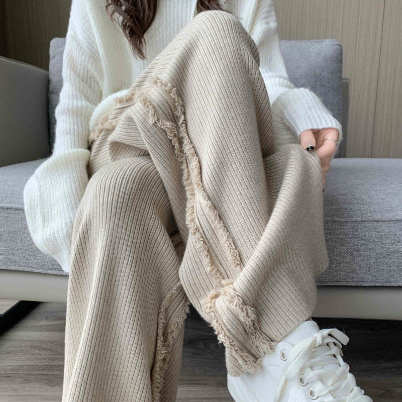 Wide Leg Pants High Waist Elastic Tassel Floor-Length Trousers