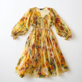 Flowing flowers dress with puffed sleeves 