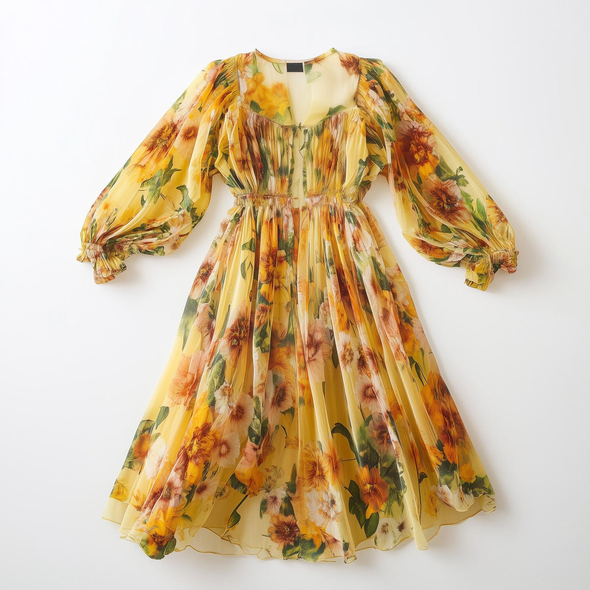 Flowing flowers dress with puffed sleeves 